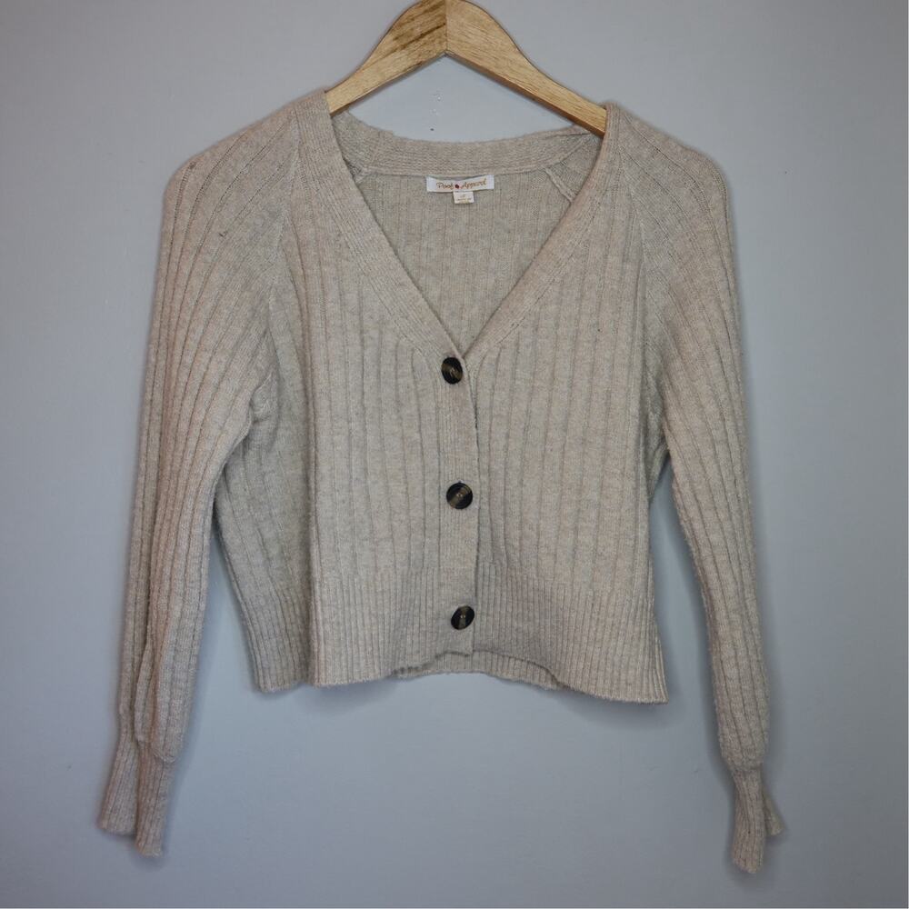 Poof Apparel Ribbed Knit Cropped Cardigan Oatmeal Cottagecore Grandmacore Sz S